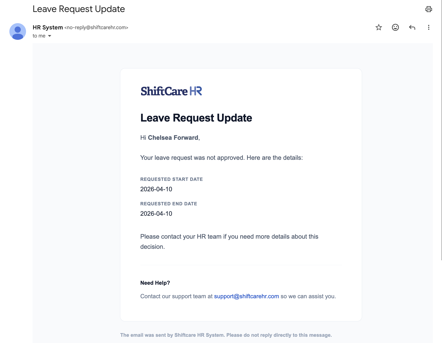 Leave Request Rejected Email