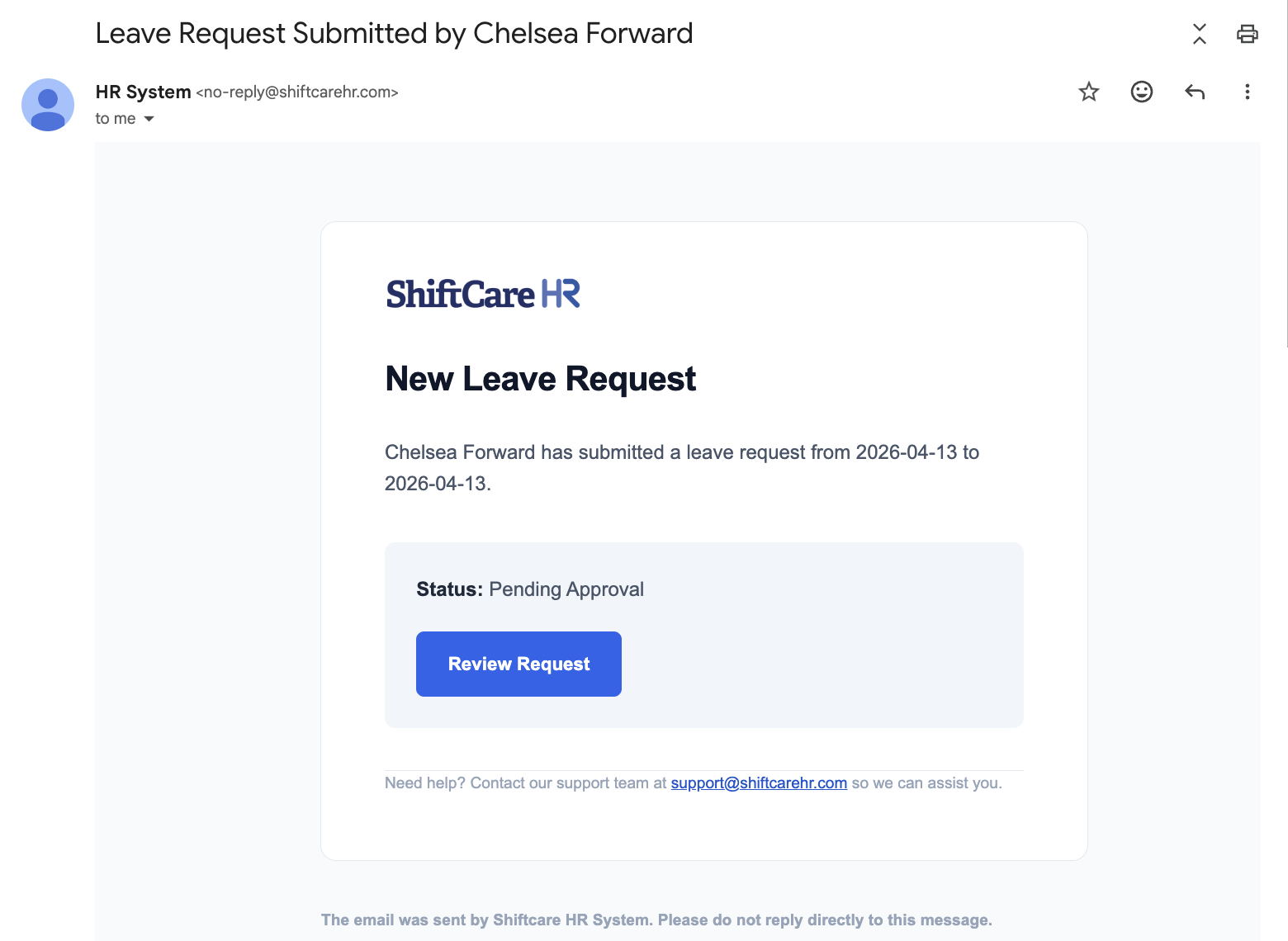 Leave Request Submitted Email