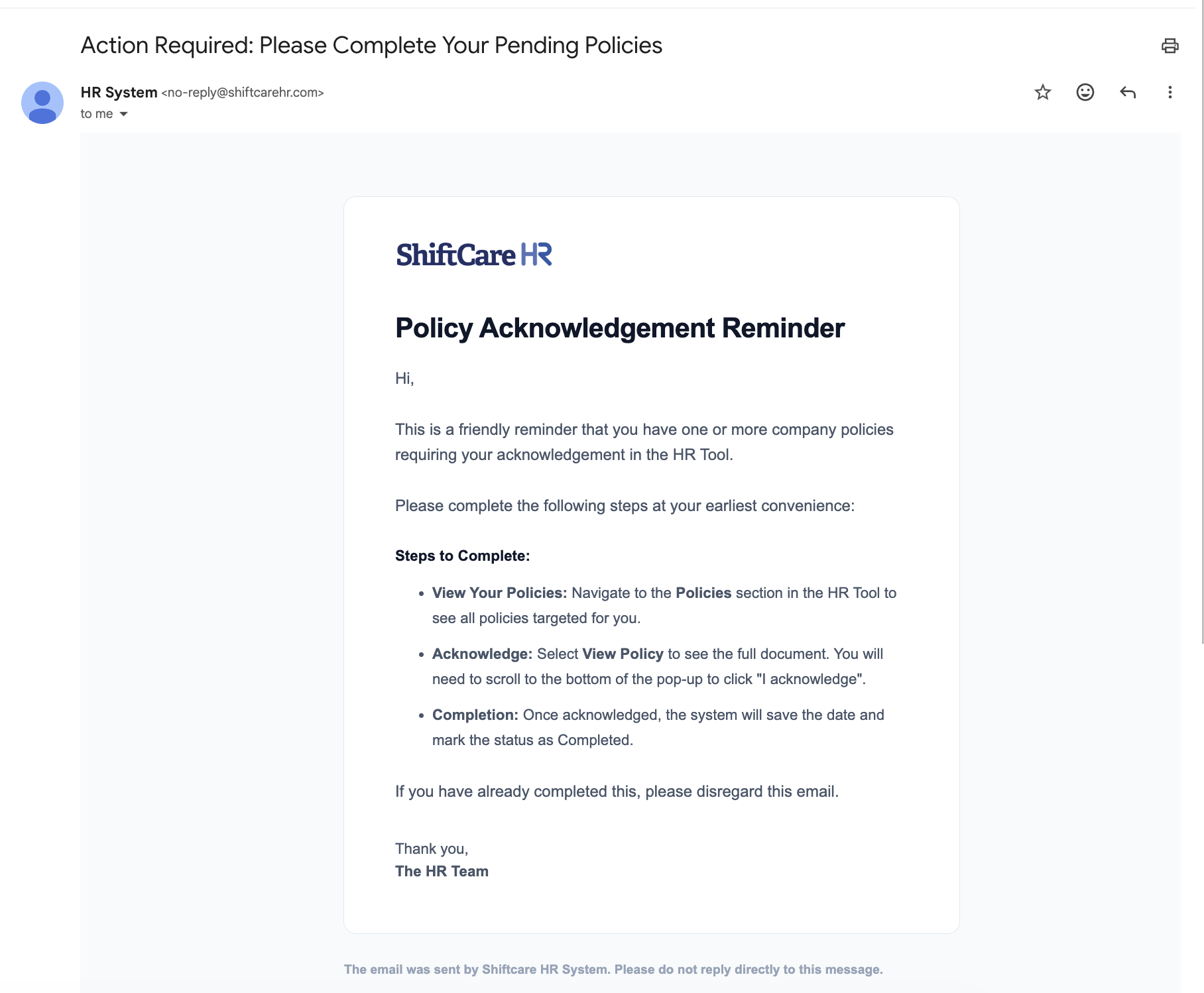Policy Reminder Email