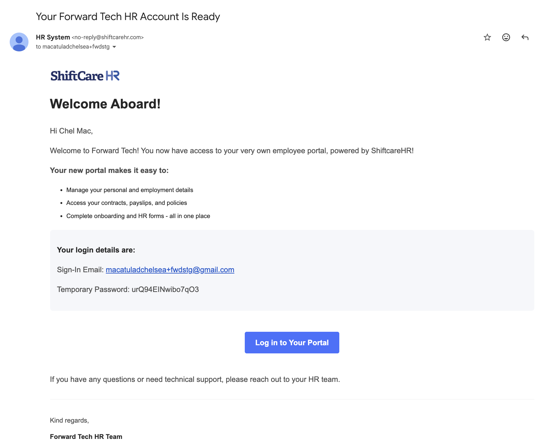 Recruitment Onboard Email