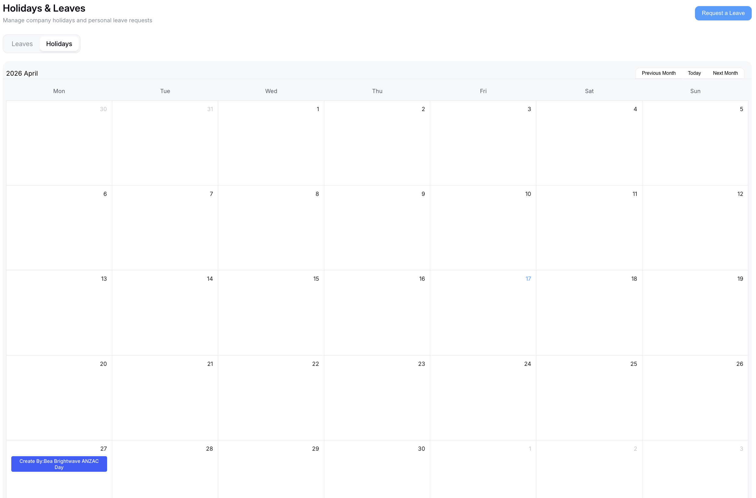 Holidays &amp; Leaves – Holidays tab