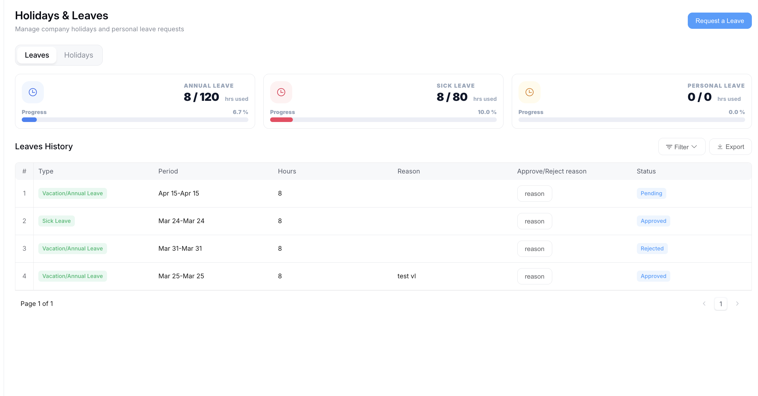 Holidays &amp; Leaves – Leaves tab